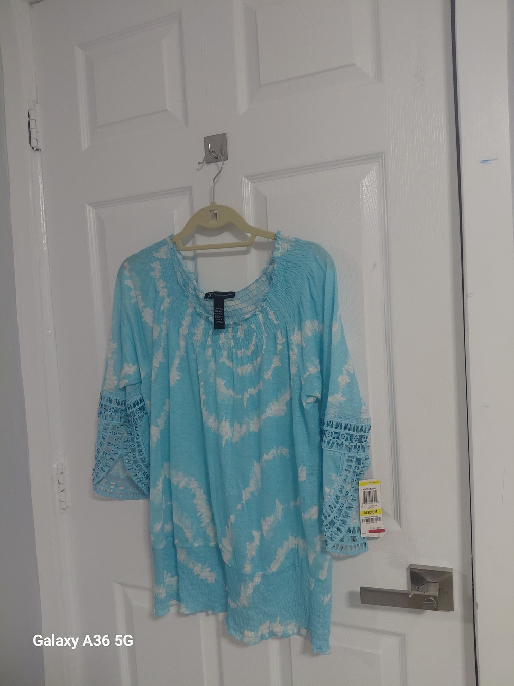 INC International Concepts Light Blue Tie-Dye Crochet Bell Sleeve Tunic